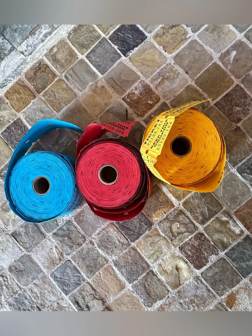 3 rolls of Colorful Party Ticket Rolls - Blue, Red & Yellow